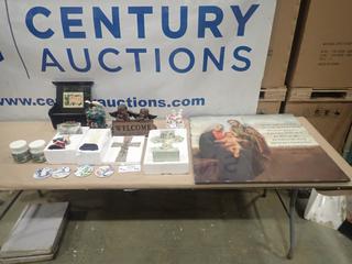 Misc. Items Including Holy Pictures, Crosses, Coasters, Wall Ornaments, Santa Clause Lamp  and More *Note: Smoke Damage* (SC)