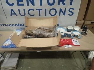 Misc. Items Including Dish Set - (Plates, Bowls, Cups), Blankets, Seat Display *Note: Smoke Damage* (S-3-2)