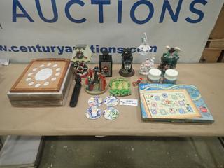 Misc. Items Including Santa Claus Lamp, Incense Holders, Picture Frames, Ornaments *Note: Smoke Damage* (S-3-2)