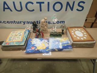 Misc. Items Including Pictures Frames, Blanket, Christmas Skirt, Ornaments *Note: Smoke Damage* (R-4-2)