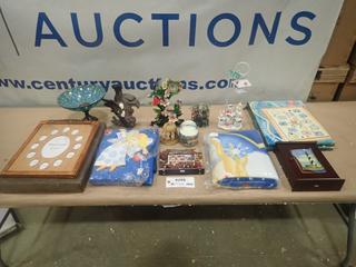 Misc. Items Including Picture Frame, Blanket. Christmas Skirt, Ornaments *Note: Smoke Damage* (SC)
