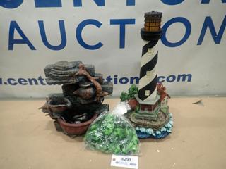 Misc. Items Including Water Fountain and Light House *Note: Smoke Damage* (R-4-2)
