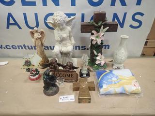 Misc. Items Including Crosses, Bears, Santa Lamp, Welcome Signs, Ornaments and More *Note: Smoke Damage* (S-3-3)