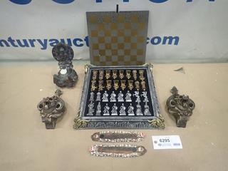 Misc. Items Including Chess Game, Incense Holders, Wall Ornaments *Note: Smoke Damage* (SC)