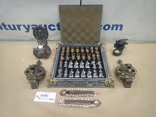 Misc. Items Including Chess Game, Incense Holders, Wall Ornaments *Note: Smoke Damage* (R-4-2)