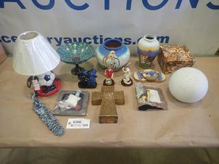 Misc. Items Including Vase, Crosses, Lamp, Picture Frame, Coasters and More *Note: Smoke Damage* (P-3-2)