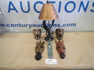 Misc. Items Including Hawk Lamp, Candle Holders, Wall Ornaments and More *Note: Smoke Damage* (P-3-2)