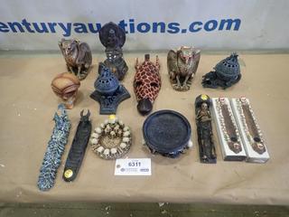 Misc. Items Including Eagle Candle Holders, Skulls, Incense Holders and More *Note: Smoke Damage* (P-3-1)
