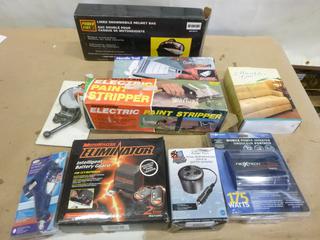 Qty of Misc. Items Includes Motomaster Intelligent Battery Guard, Mobile Power Inverter, Glue Gun, Helmet Bag, and More (D-1)