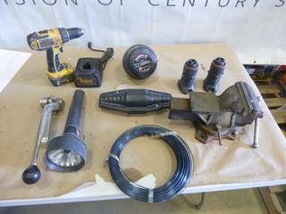 Qty of Misc. Items Includes 5 In. Vise, Banding Tensioner, DeWalt 18V Drill and Charger, Flashlight and More (F-1)