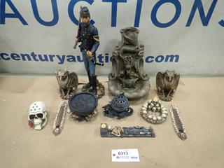 Misc. Items Including Water Fountain, Eagle Candle Holder, Skulls *Note: Smoke Damage* (P-3-1)