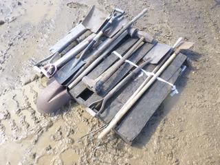 Assortment of Hand Tools Includes Shovels, Hoe and Sledge Hammer
