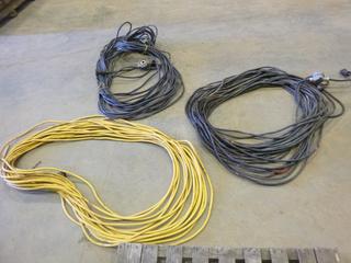 (2) Extension Cords, 12/3 Wiring, Twist Locks Plugs at Each End, (1) Extension Cord w/ Light Bulb Socket at End, Each Cord Approx. 150 Ft. to 200 Ft. Long (OS)