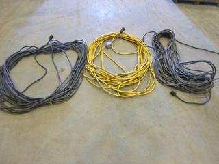 (3) Extension Cords, 12/3 Wiring,  Some w/ Twist Locks Plugs at Each End, Each Cord Approx. 150 Ft. to 200 Ft. Long (OS)