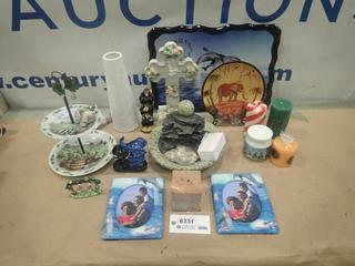 Misc. Items Including Dolphin Picture, Candle Holders, Ornaments and More * Note: Smoke Damage * (O-3-3)