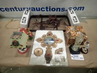 Qty of Misc. Items Including Santa Lamp, Crosses, Roof Top Rooster, Baseball Player Ornament and More  * Note: Smoke Damage * (O-2-3)