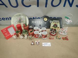 Qty of Misc. Items Including Santa Lamp, Christmas Cups, Candles, Angels, Coat Rack w/ Clock and More  * Note: Smoke Damage * (O-3-3)
