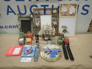 Qty of Misc. Items Including Ship, Santa Candle Holder, White / Chalk Board, Mirror, Candles and More  * Note: Smoke Damage * (O-3-3)