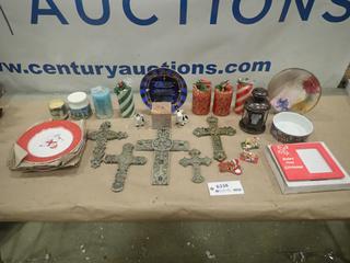 Qty of Misc. Items Including Christmas Plates, Candles, Crosses, Picture Frame Ornaments and More * Note: Smoke Damage * (P-2-3)