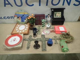 Misc. Items Includes Picture Frames, Candles, Bird Bath, Crosses and More * Note: Smoke Damage* (P-1-1)