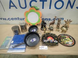 Misc. Items Includes (2) Teflon Pans, Candle Holders, Assortment of Animal Ornaments and More * Note: Smoke Damage* (X-2-3)