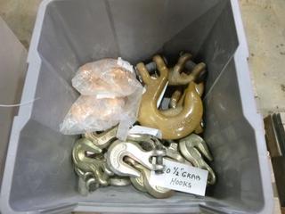 Qty of Hooks, (20) 3/4 In. Hooks w/ Safety Latch, (5) 3/4 In. Open Hooks Grade 80, (20) 1/2 In. Grab Hooks (L-4-3)