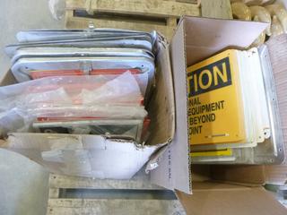 (2) Boxes of Industrial Signs Including "Caution, Exit, Notice, Flammable" and Sign Holders (L-4-2)