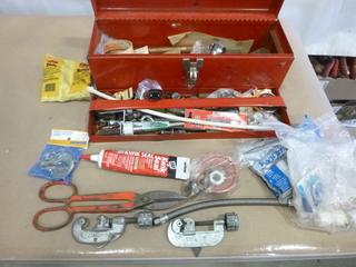 Toolbox w/ Contents Including Tin Snips, Tubbing Cutters, Plumbing Parts and More (E2)