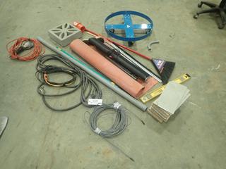 Qty of Misc Including Broom, 2 Ft. Level, Trouble Light, Extension Cord (Missing End), (1) Brick, Piece of PVC 1 1/2 In. Pipe and More (R-1-3)
