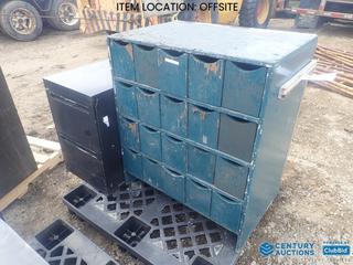 Selling Off-Site - 20 Compartment Bolt Bin, 33 In. x 22 In. x 39 In., (1) 2 Drawer Filing Cabinet, 18 In. x 28 In. x 28 In. **Located Offsite at 21220-107 Avenue NW, Edmonton, For More Information Contact Richard at 780-222-8309**