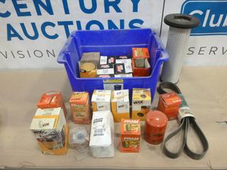Qty of Oil, Air and Fuel Filters, Including: WIX, FRAM, Baldwin, Luberfiner, c/w Serpentine Belt And Plastic Tote/Storage Bin (A-2)