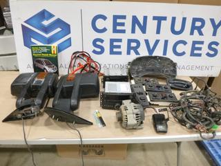 Qty of Assorted Auto Parts, 2007-2013 Chevrolet Truck Mirrors, Radios, Booster Cables, Alternator, Gauges, Wiring and 28 In. Wiper Blades (N-1-2)