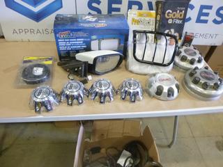 Assorted Auto Parts, Includes 8 Bolt Wheel Covers, Head Light Covers, Filters, Mirrors, Wiring, Window Tint and More (N-1-1)