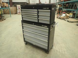 Husky 2-Section Tool Box and Qty of Assorted Hand Tools, Tool Box Top Section: 40 In. x 12 In. x 19.5 In., Tool Box Bottom Section: 41 In. x 16 In. x 38 In. on Casters, c/w Wrenches, Tape Measures, Lights, Etc. (TC)