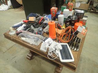 Qty of Misc. Parts and Hardware Items Including Oil Filters, Winch Covers, Belts, Timing Lights, Tire Rod Ends, Staples, Sandpaper, Lights, Grinder Handles, Blades, Knee Pads and More (O-1-2)