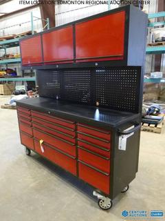 Unused Model HTC7218RC-R 72 In. Red Powder Coated Tool Chest w/ 15 Drawers, 3 Cabinets and Pegboard, 72 In. W x 18 In. D x 73.6 In. H, 6 In. Casters