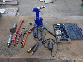 **Located Offsite @ Scott Can- 9523 49 Ave NW, Edmonton** (2) 8in, (1) 10in And (1) 18in Pipe Wrenches C/w Rivet Guns, Dremel Model 290 Engraver, Nut Insert, Crimper And Assorted Tools *Note: No Equipment On-Site, Buyer Responsible For Loadout, For More Information Contact Chris @ 587-340-9961*