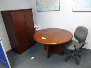 **Located Offsite @ Scott Can- 9523 49 Ave NW, Edmonton** 8in Round Table C/w 36in X 60in 2-Door Cabinet And Task Chair *Note: No Equipment On-Site, Buyer Responsible For Loadout, For More Information Contact Chris @ 587-340-9961*