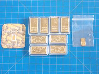 (4) 5 Gram 100 Mills .999 Fine Gold, (4) 10 Grams 100 Mills 999 Gold, (1) 1 Grain 24 Kt Pure Gold 999.9 Fine,  (1)1 Gram .999  Gold Plated Fine Silver (Office)