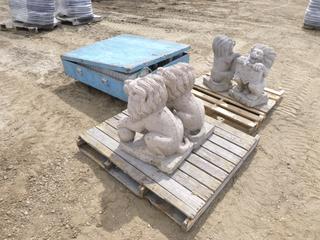 (4) Stone Lion Statues, C/w (2) Stone Pillars w/ (4) Lion Heads
