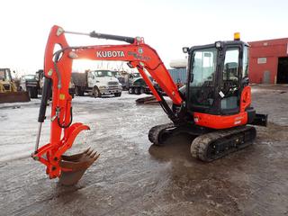 2019 Kubota Model KX040-4 Excavator C/w Kubota Model D1803-CR-T-EF03 1.8L Diesel Engine, 14in Tracks, 66in Blade, Kubota Model K9932QC-KX04018HD 18in Dig Bucket, Aux Hyd, 11in Hyd Thumb. Showing 897hrs. SN 33846