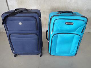 Navy 3-Piece Luggage Set & Light Blue Suitcase.