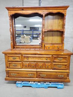 Solid Wood Dresser c/w Mirror, Shelves & Light, 68 In. x 18 In. x 37 In.