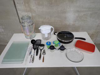 Glass Beverage Dispenser, Glass Cutting Boards, Assorted Utensils, Etc.