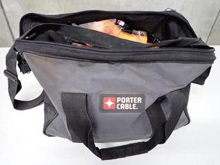 Porter Cable Tool Bag c/w Poly Rope, Folding Shovel, 8 In. Ice Fishing Blades, Etc.