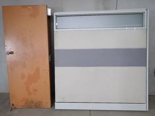 (2) Solid Wood Door c/w Hardware, 28-1/2 In. x 2-1/4 In. x 69 In., (2) Cubicle Room Dividers c/w Windows.