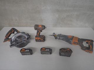 Ridgid 18V Reciprocating Saw, 6-1/2 In. Circular Saw, Impact Driver c/w (2) 2.0Ah Batteries & (2) 3.0Ah Batteries, No Charger.