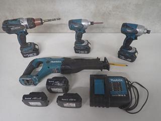 Makita 18V Reciprocating Saw, 5/8"-1/2 In. Concrete Drill, Drill/Driver, Impact Driver, c/w (6) 18V Batteries & Charger.