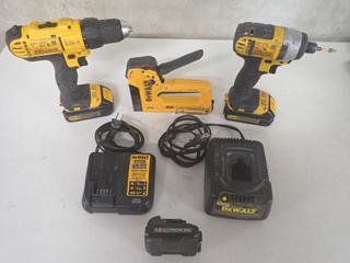 DeWalt 20V 1/2 In. Drill/Driver, 1/4 In. Impact Driver, Stapler c/w (2) 20V Batteries, (1) 12V Battery & (2) Chargers.