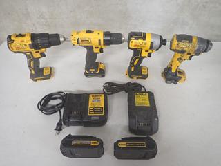 DeWalt 20V 1/2 In. Drill/Driver, 3/8 In. Drill/Driver, 1/2 In. Drill/Driver, (2) 1/4 In. Impact Drivers c/w (1) 12V Battery, (2) 20V Batteries & (2) Chargers.